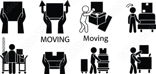 Set of moving and relocation icons showing people carrying boxes, lifting packages, loading carts, and transporting items in simple silhouette style