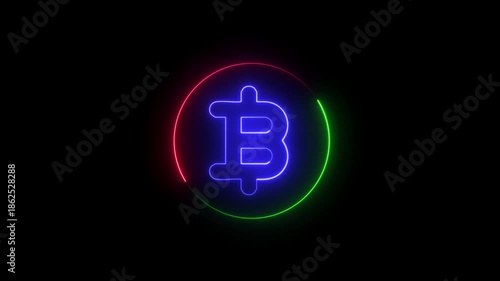 Animated neon bitcoin symbol glowing blue in seamless rotating red and green circle loop on black screen.