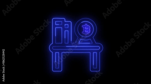 Bitcoin crypto currency neon icon animation on office table glowing blue digital movement