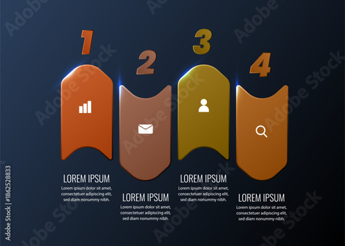 Sleek, step-by-step visual featuring four colored ribbons with numeric labels and simple icons