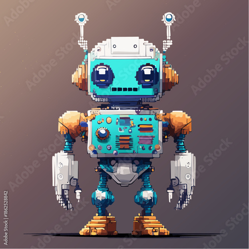 Pixel art illustration of a colorful robot with a teal face and chest panel, standing against a gradient background.