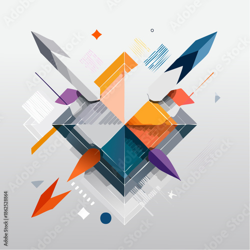 Abstract geometric composition of colorful 3D shapes and arrows on a gray background with a modern, dynamic feel.