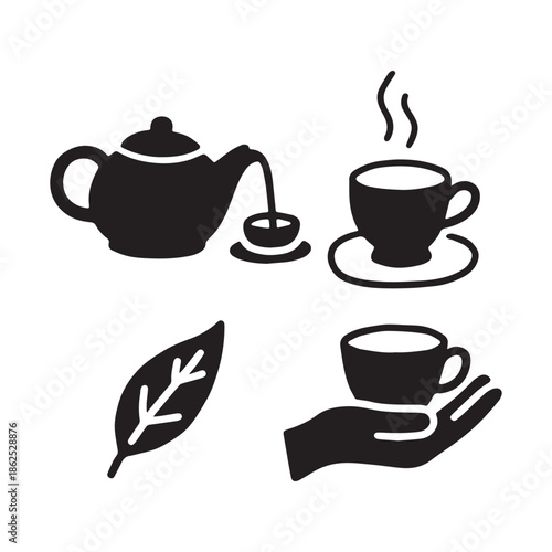 Vector Silhouette Set of Teapot Pouring Tea into Cup and Hand Holding Mug.
