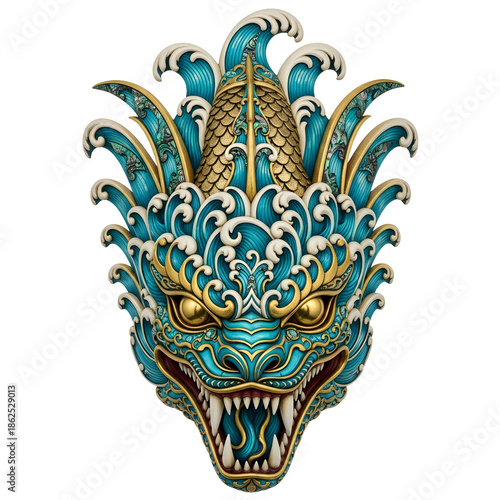Intricate Teal and Gold Dragon Head Sculpture with Wave Motifs.