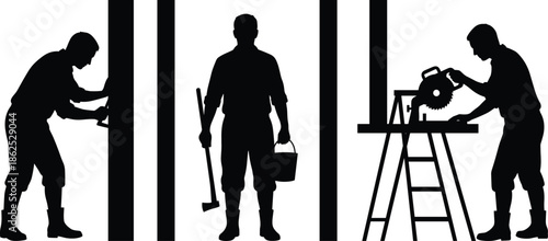 Carpenter worker silhouettes using tools, woodworking and construction labor scene isolated on white background illustration, craftsmanship and manual work concept
