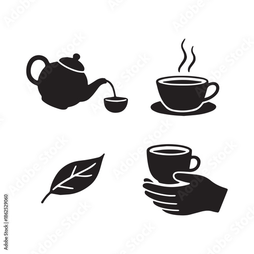 Vector Silhouette Set of Teapot Pouring Tea into Cup and Hand Holding Mug.