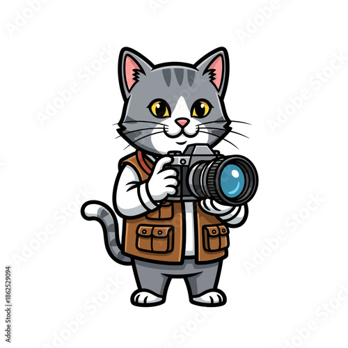 Cartoon Cat Photographer with Camera Equipment.