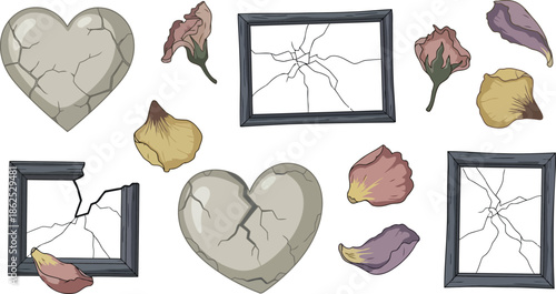 A collection of broken hearts and cracked picture frames on transparent background
