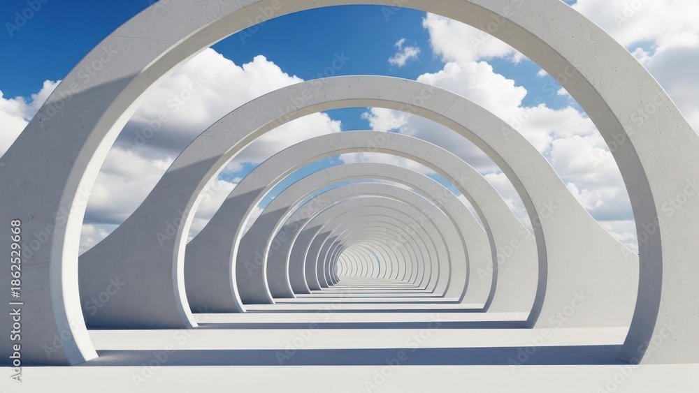 Fototapeta premium White concrete arches form an endless tunnel under a blue sky with fluffy clouds, creating a minimalist perspective