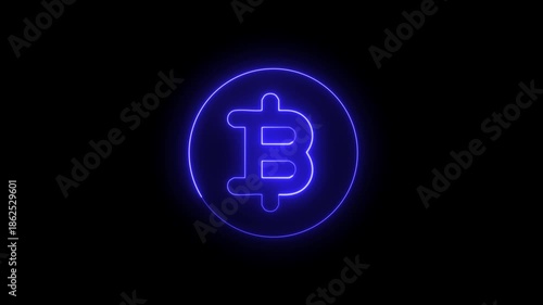 Bitcoin cryptocurrency digital currency neon light symbol glowing on black background loop