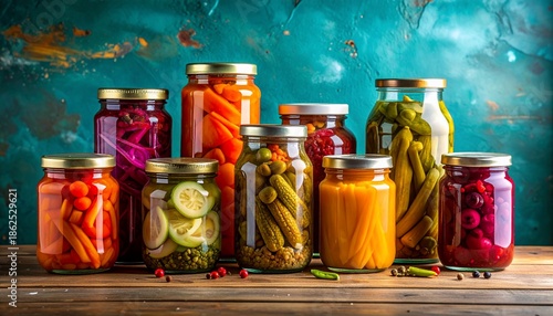 Colorful jars of preserved vegetables, pickles, and fruits on a wooden surface