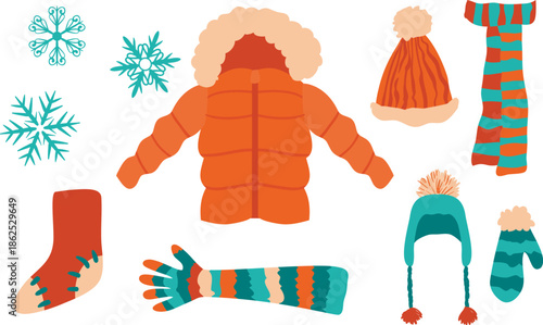 Winter Clothing and Accessories Vector Icons Puffer Jacket, Beanie, Scarf, Mittens, and Snowflakes for Seasonal Blog, Retail, and Social Media