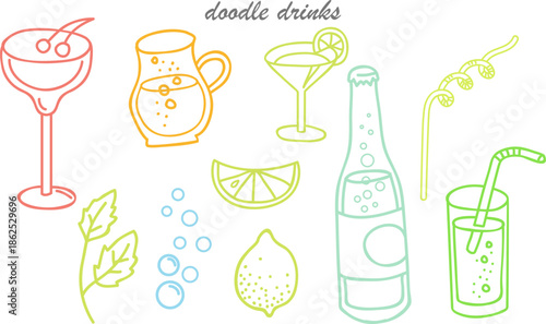 Doodle Drinks Vector Icons Hand Drawn Margarita, Juice, Soda, Lemon and Garnishes Line Art for Menu, Social Media, and Packaging