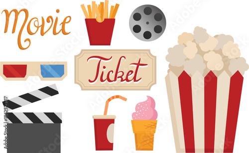 Vintage Cinema Night Vector Icons Popcorn, Clapperboard, 3D Glasses, Soda and Fries for Movie Poster, Ticket, and Social Media Design
