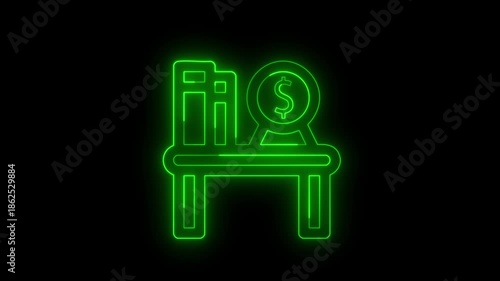 Green neon glowing icon of desk with books and dollar sign on black background