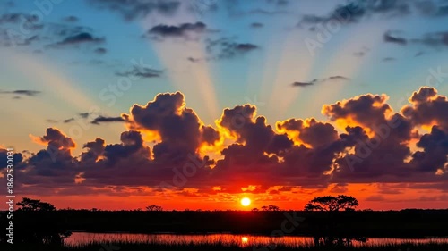 Beautiful sunset over a tranquil landscape with a body of water and silhouetted trees.