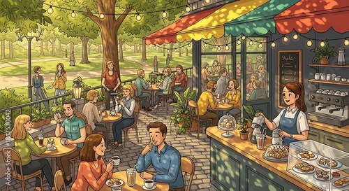 Vibrant Outdoor Cafe Scene with People Dining.