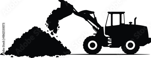 Front loader silhouette moving soil construction machinery excavation earthmoving heavy equipment industry work site illustration concept power efficiency productivity engineering