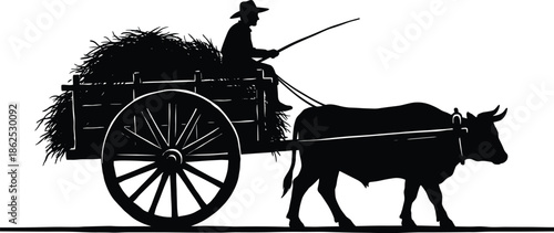 Farmer silhouette riding ox cart loaded with hay, traditional rural agriculture transport isolated on white background illustration, vintage farming scene