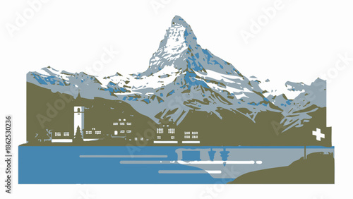 Matterhorn Mountain Landscape with Village and Lake in Switzerland