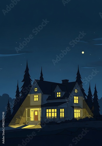 Tranquil suburban house glowing warmly against a dark night landscape