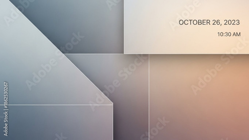 Geometric shapes in gray and beige colors with date and time on screen