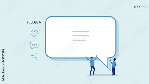 Two people holding up a large blank speech bubble on a light blue background with social