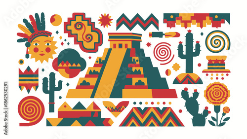 Mexican Culture Icons: Maya Pyramid, Sun God, Cactus, Marigold, Textile Patterns