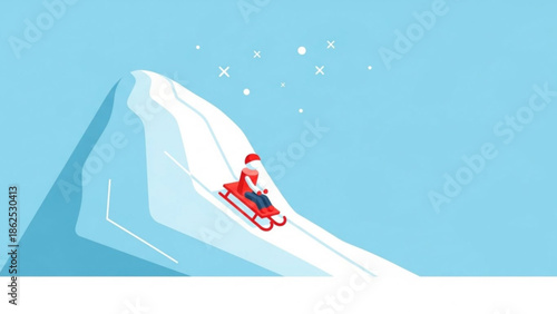 Person wearing red jacket and hat sledding down snowy mountain peak on red sled under starry