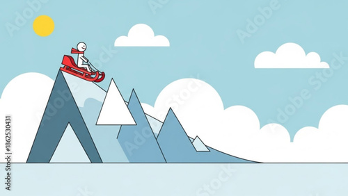 A stick figure on a red sled speeding down a large blue mountain peak with white clouds