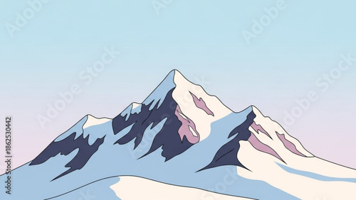 Snowy mountain peak with rugged terrain and pastel gradient sky background