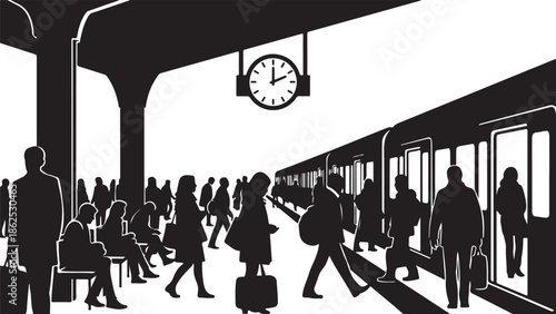 A busy train station with people rushing to catch their train