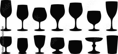 Glassware silhouette vector set, wine cocktail champagne glasses collection, bar drinkware icons, black drink container illu