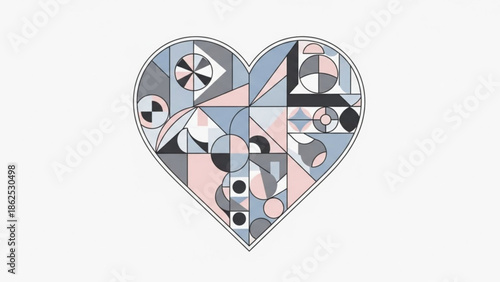 A heart shaped mosaic artwork composed of various geometric shapes in pastel colors and black
