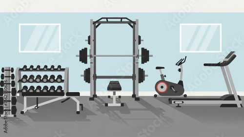 A well equipped home gym with exercise equipment including dumbbells, a squat rack, exercise