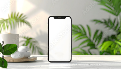 Smartphone mockup with blank white screen on white table with zen stones and green tropical plants