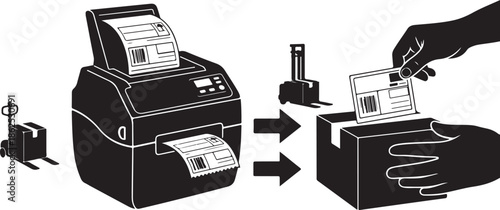 A hand inserting a printed label into a box next to a label printer and a forklift