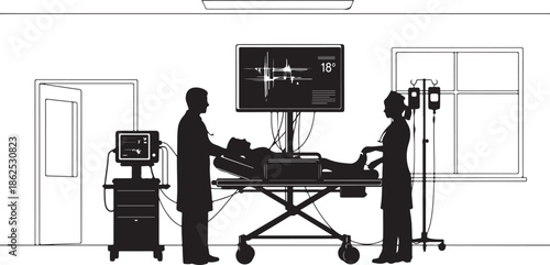 Medical professionals attending to a patient in a hospital room with various medical equipment