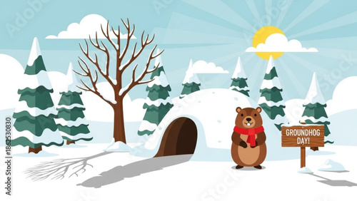 A brown bear in a red scarf stands next to a sign that reads groundhog day in a snowy