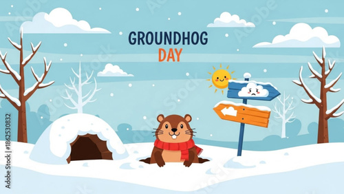 Groundhog day illustration with smiling groundhog in snowy landscape and signpost