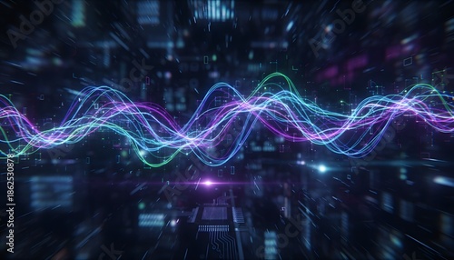 Abstract Digital Waves of Sound and Light Pulsating Through a Futuristic Cityscape