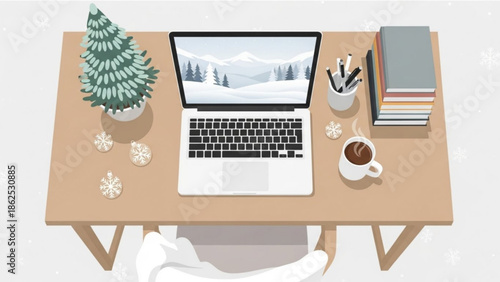A laptop on a desk with a cup of coffee and a small christmas tree on a snowy background