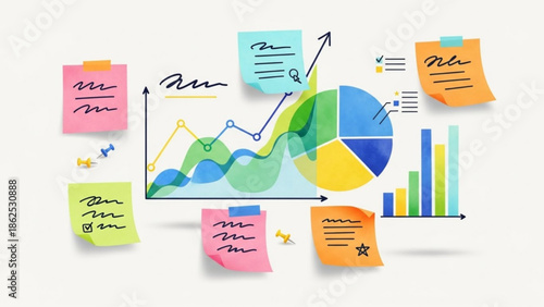Colorful business data analysis with graphs charts and sticky notes on white background