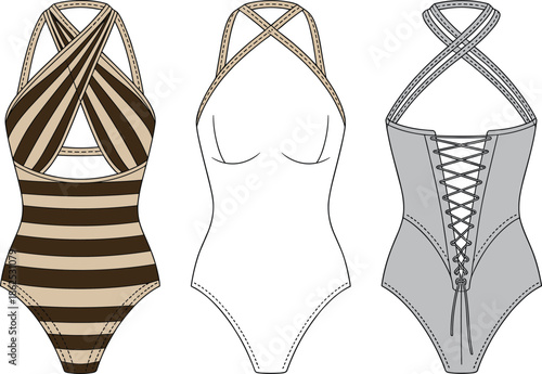 One-piece swimsuit design with crisscross halter neckline, cut-out detail, lace-up back, fashion sketch, technical illustration