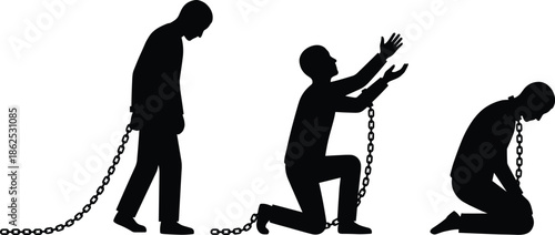 Human silhouette figures chained showing captivity kneeling pleading despair oppression slavery freedom loss psychological suffering concept illustration mental health symbolism