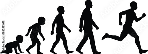 Human evolution silhouette sequence showing crawling baby to running adult, growth progress concept, isolated black figures on white background vector