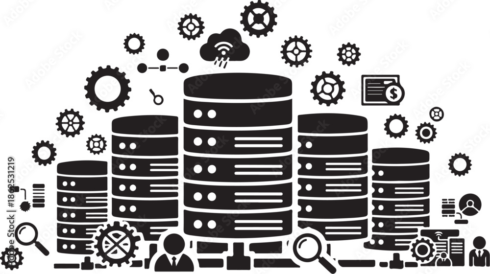 Obraz premium A black and white illustration of database servers and technology symbols
