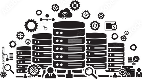 A black and white illustration of database servers and technology symbols