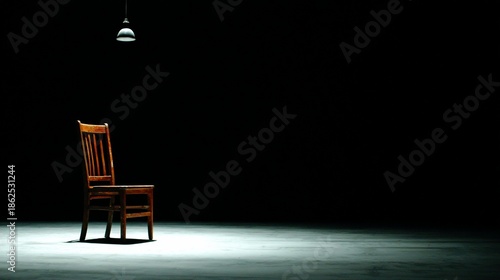 A lone wooden chair illuminated by a single overhead light in an empty, dark space