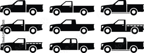 Pickup truck silhouette vector set, utility transport vehicles collection, flatbed cargo pickup icons, black automotive illustration